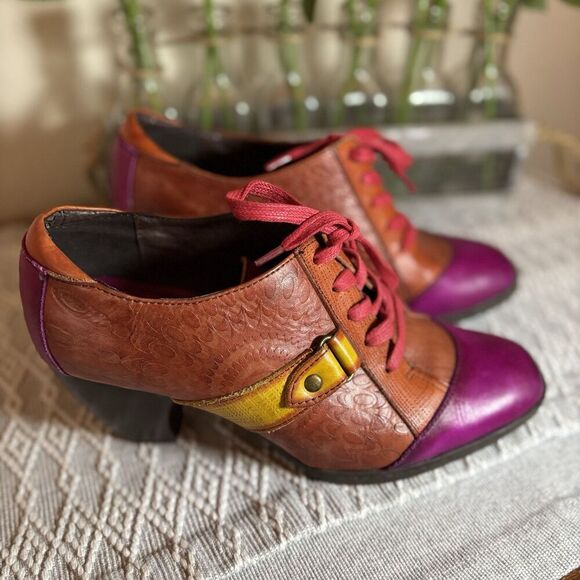 SOCOFY Multi-color  Embossed  Lace Up Ankle Retro/Vintage  Pumps  sz39 (8-8.5). - Picture 1 of 9